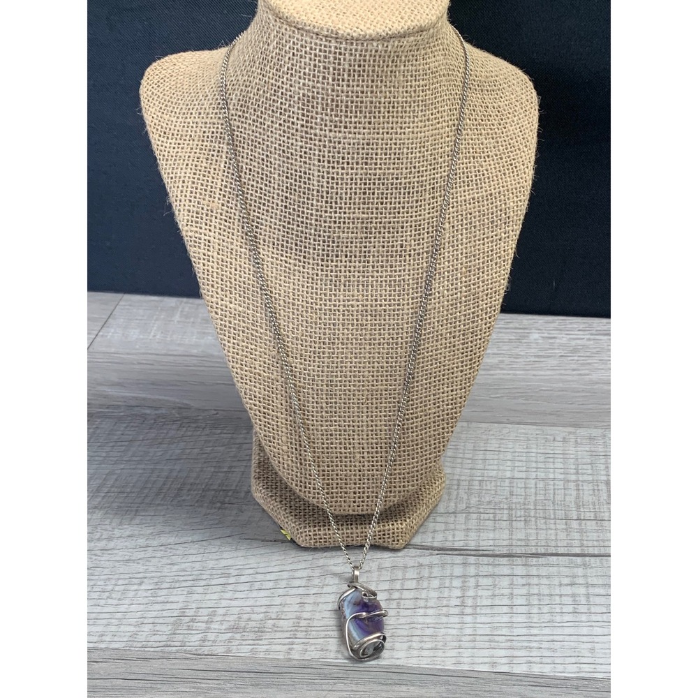 Purple Banded Agate Wire Wrapped Pendant Necklace Silver Tone 24 Inch Chain